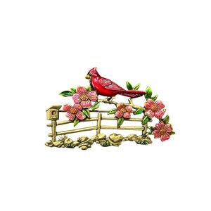 JJ Jonette Cardinal Flowers & Fence Brooch Pin Brushed‎ Goldtone Cottagecore